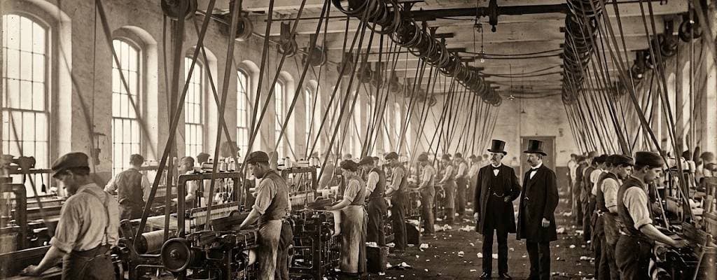 A line-shaft textile mill: looms driven by belts from one overhead shaft